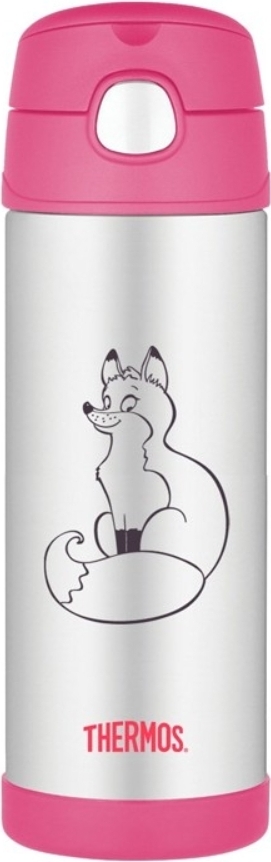 Thermos FUNtainer Fuchs Kinder-Thermoflasche mit Strohhalm 470 ml, stahl-rosa