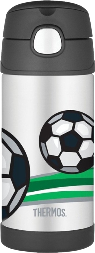 Thermos FUNtainer Kinder-Thermoflasche mit Strohhalm Fußball 355 ml, stahl-schwarz