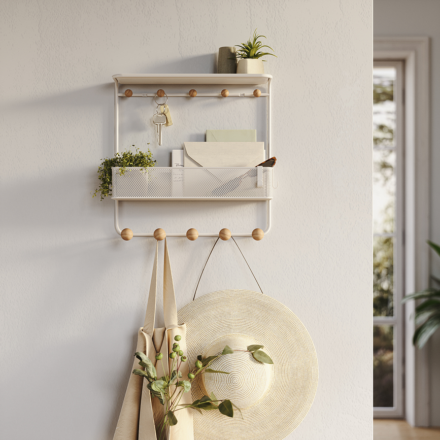 Perchero de pared Estique, blanco, con estante