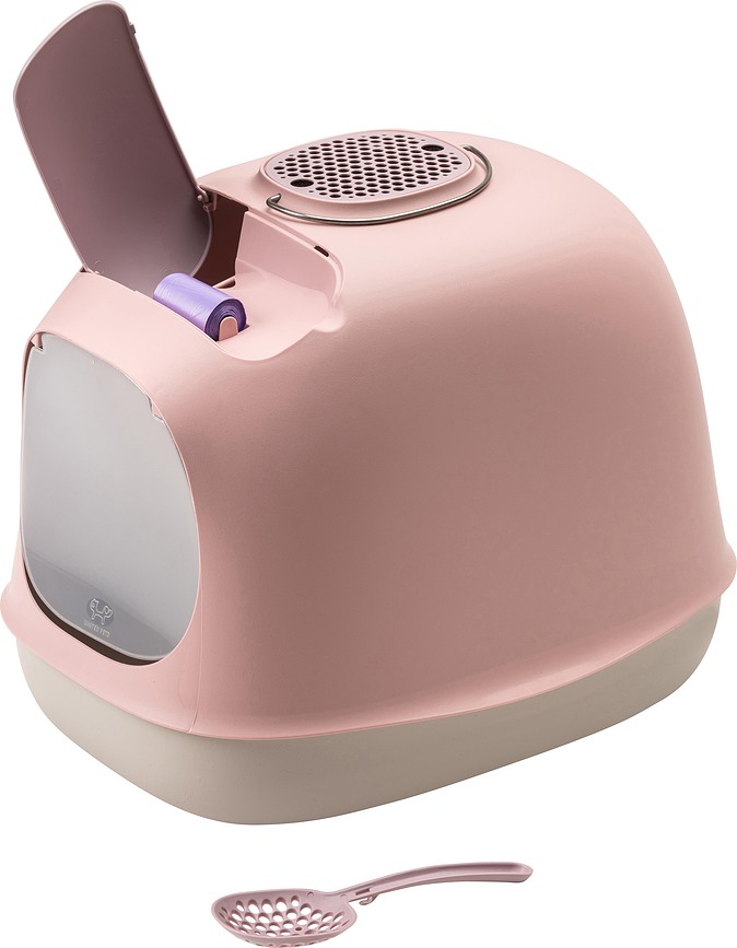 Arenero para Gatos con pala, filtro de carbón y bolsas de recambio Minu, beige y negro, Set de 18 piezas