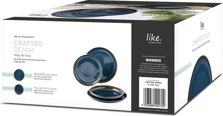 Crafted Denim Πιάτα φαγητού και βαθιά, Σετ 4 τεμαχίων