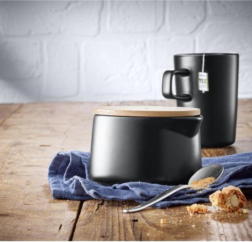 Azucarero Kineo, negro mate, con tapa de madera