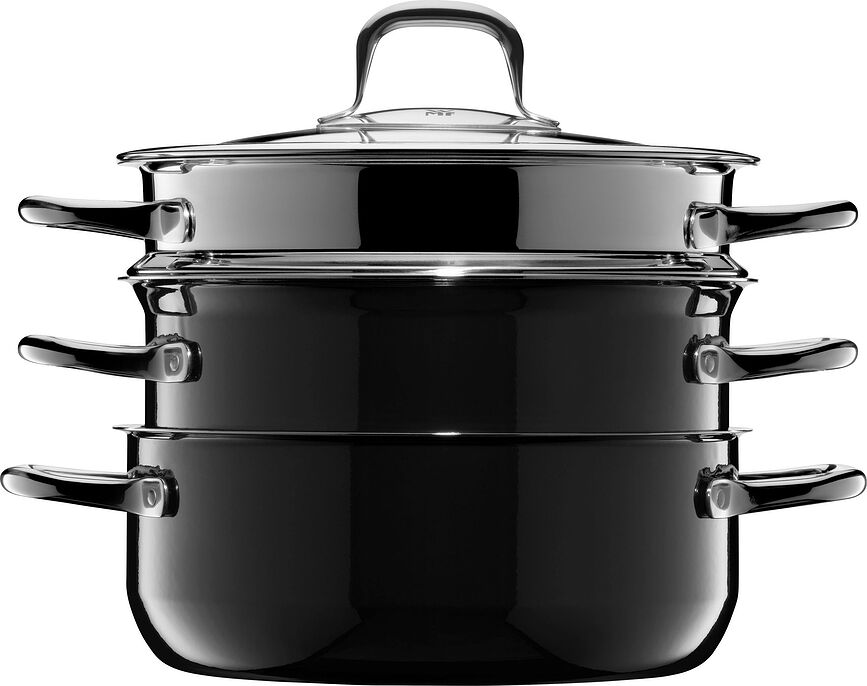 Compact Black Batterie de Cuisine avec panier vapeur, noire, Set 3 pièces