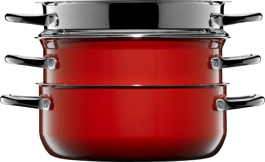 Compact Red Set Lonaca s umetkom za kuhanje na pari crveni Set od 3 dijela
