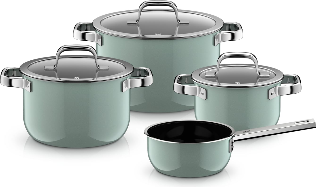 Fusiontec Mineral Pro Topfset mit Stielkasserolle und 3 Deckeln, Eukalyptusgrün, 7-tlg.