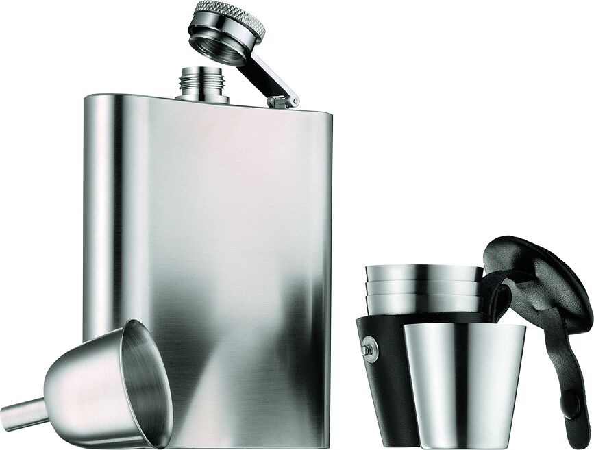 Petaca con embudo y 4 vasos de chupito Manhattan, con estuche, Set de 7 piezas