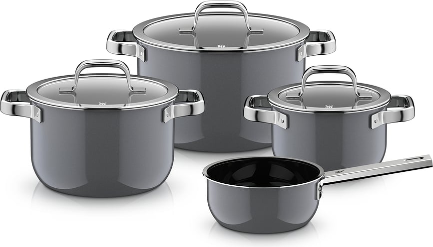 Puodų rinkinys su prikaistuviu ir 3 dangčiais WMF Fusiontec Mineral Pro, pilkas, 7 dalių