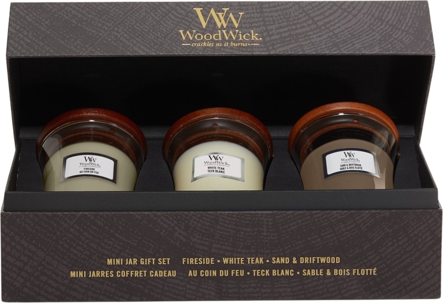 Core WoodWick Bougies petites, Fireside & White Teak & Sand Driftwood, en coffret cadeau, Lot de 3