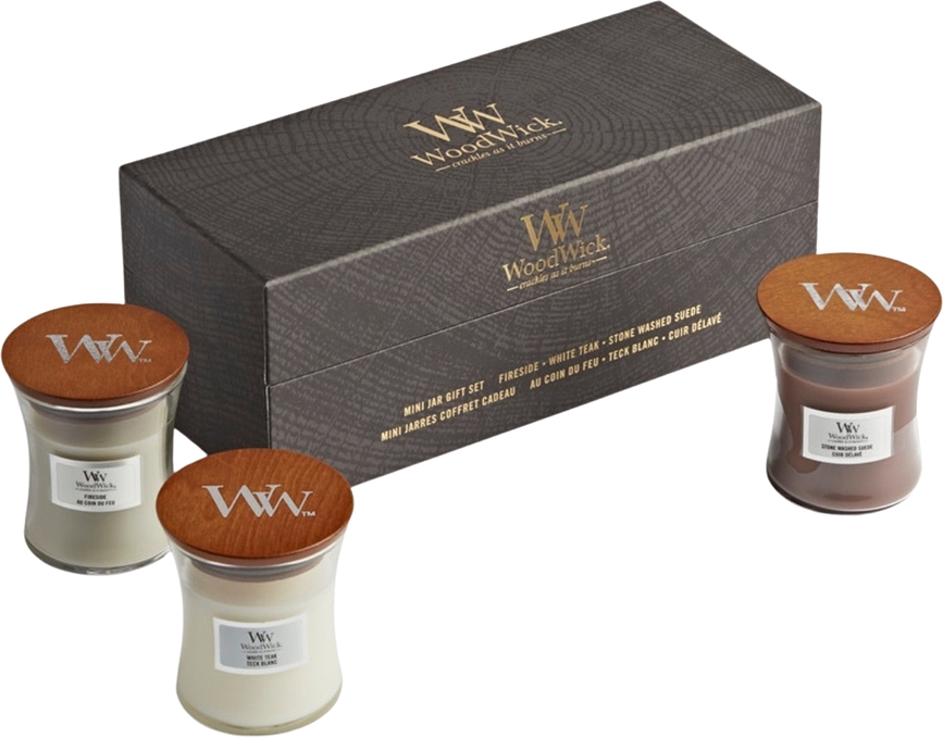 Core WoodWick Bougies petites, Fireside & White Teak & Sand Driftwood, en coffret cadeau, Lot de 3