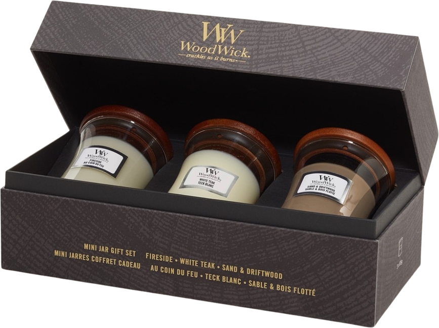 Core WoodWick Bougies petites, Fireside & White Teak & Sand Driftwood, en coffret cadeau, Lot de 3