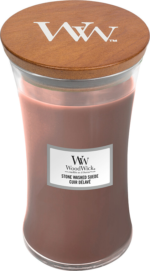 Lys i glas Core WoodWick Stone Washed Suede stor