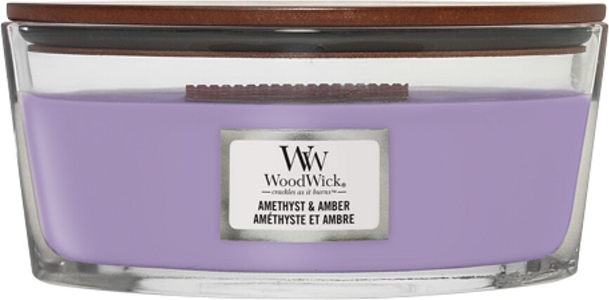 Vela Hearthwick WoodWick Amethyst & Amber, con mecha de madera