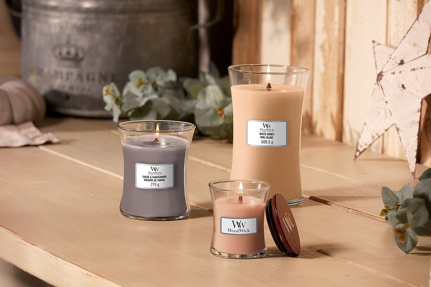 Vela Hearthwick WoodWick, aroma Miel Blanca