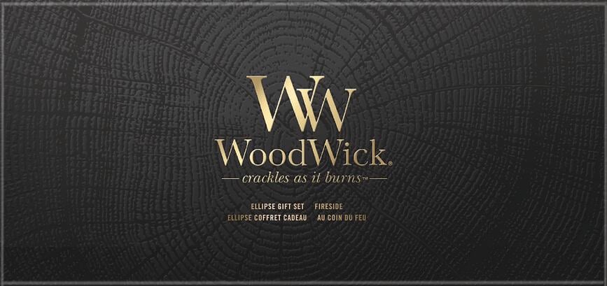 Vela Hearthwick WoodWick Fireside, presentación regalo