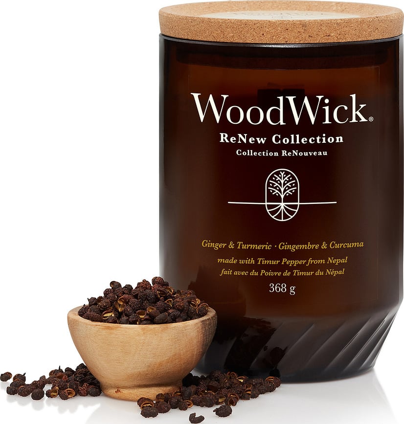 Vela WoodWick ReNew, mediana, aroma Jengibre y Cúrcuma