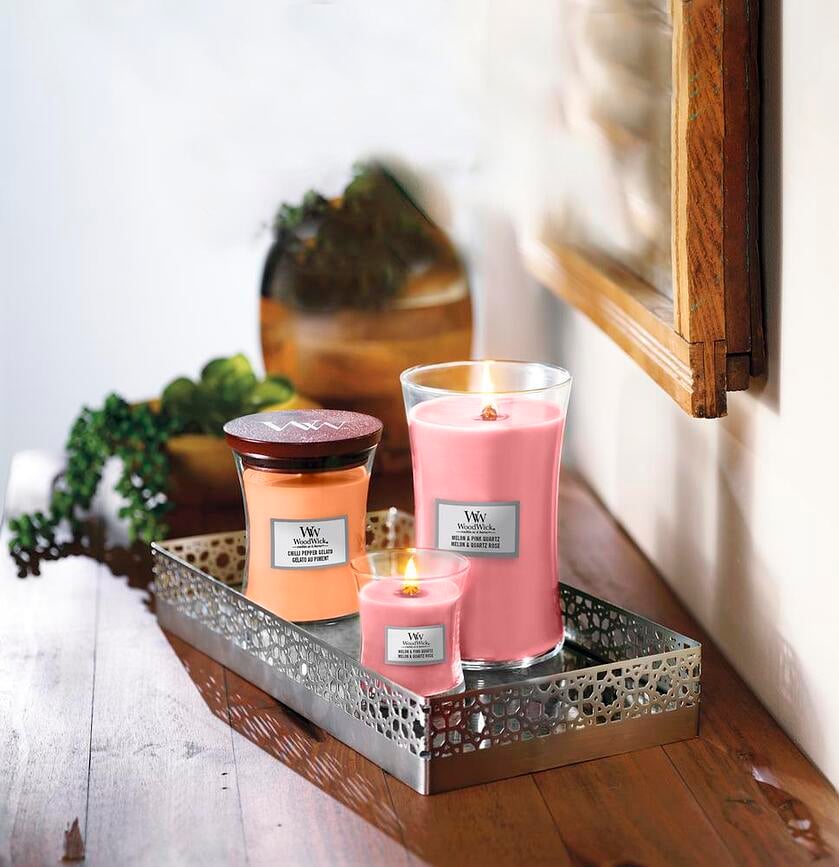 Vela WoodWick Core, de melón y cuarzo rosa, grande