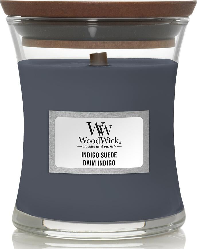 Vela WoodWick Core Indigo Suede, pequeña