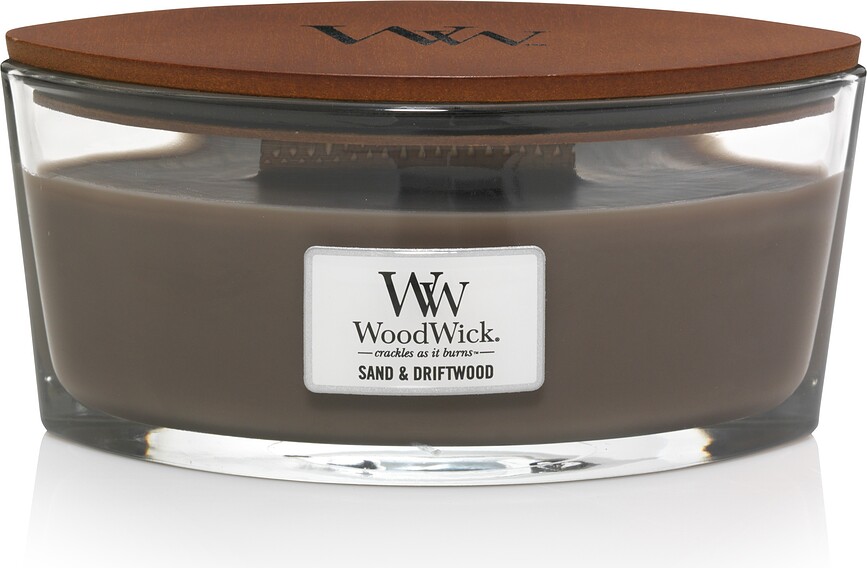Vela WoodWick Hearthwick Flame, fragancia Sand & Driftwood