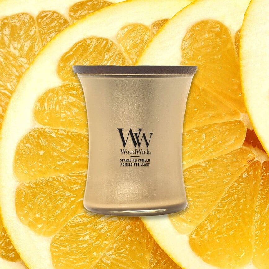 Vela WoodWick Precious Metals, aroma Sparkling Pomelo, tamaño mediano