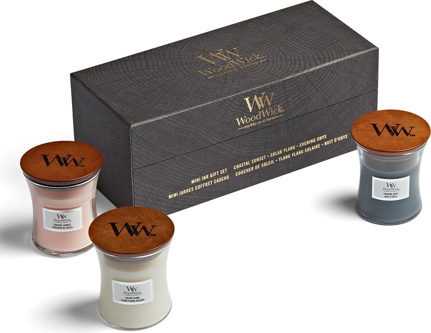 Velas Core WoodWick, aromas Coastal Sunset, Solar Ylang y Evening Onyx, set de regalo de 3 unidades