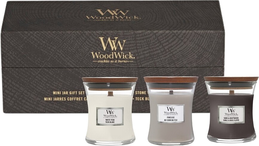 WoodWick Core ΚΕΡΙΑ, Fireside & White Teak & Sand Driftwood, μικρά, σε συσκευασία δώρου, 3 τμχ