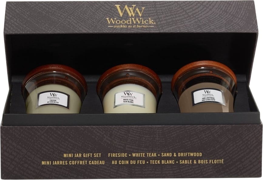 WoodWick Core Poklon Set Svijeća Fireside & White Teak & Sand Driftwood male 3 kom.