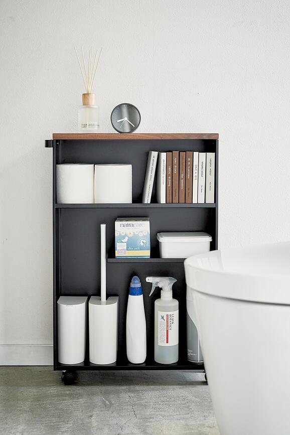 Tower Rolling Slim Étagère de salle de bain à roulettes, noire