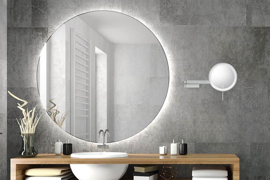 Espejo Cosmético de pared Linea, con aumento 5x, iluminación LED, negro