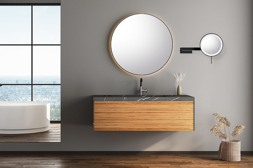 Espejo Cosmético de pared Linea, con aumento 5x, iluminación LED, negro