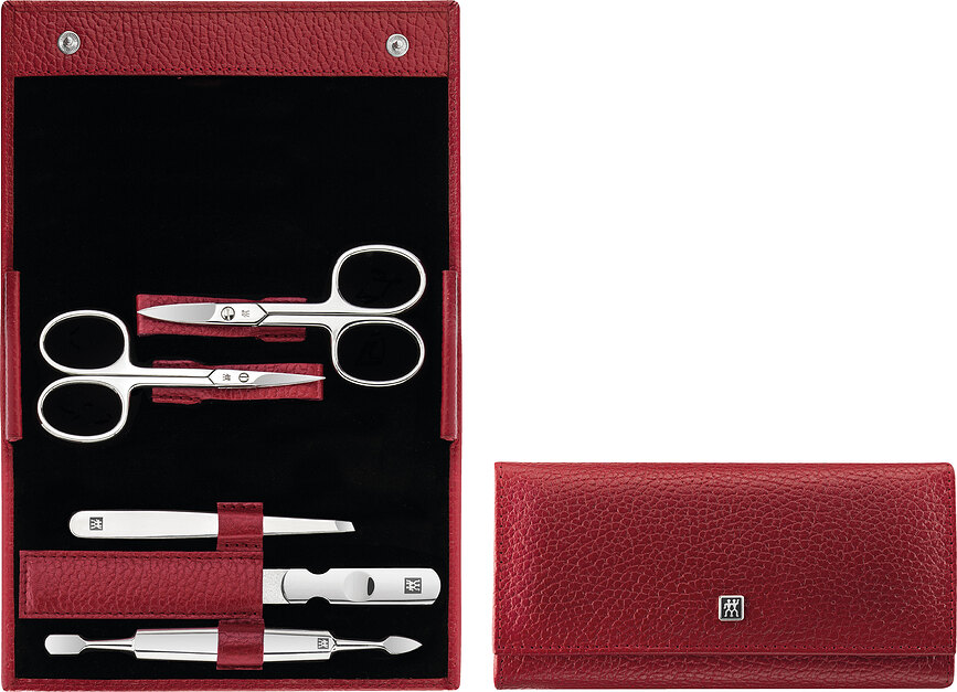 Accessori per manicure Classic Inox rossi con forbici in una custodia di pelle 5 el.