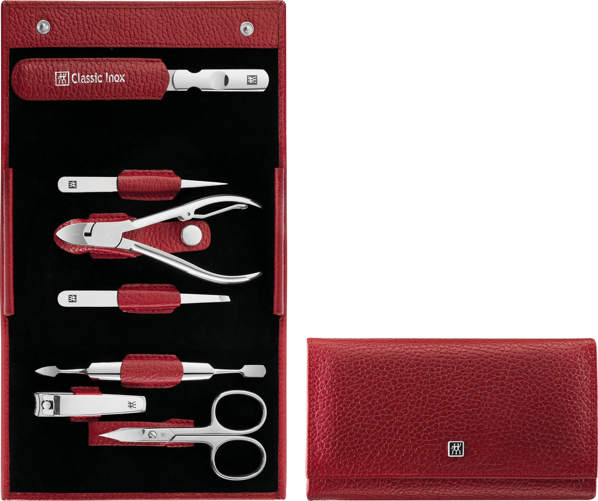 Classic Inox Maniküre-Zubehör rot im horizontalen Leder-Etui 7 El.