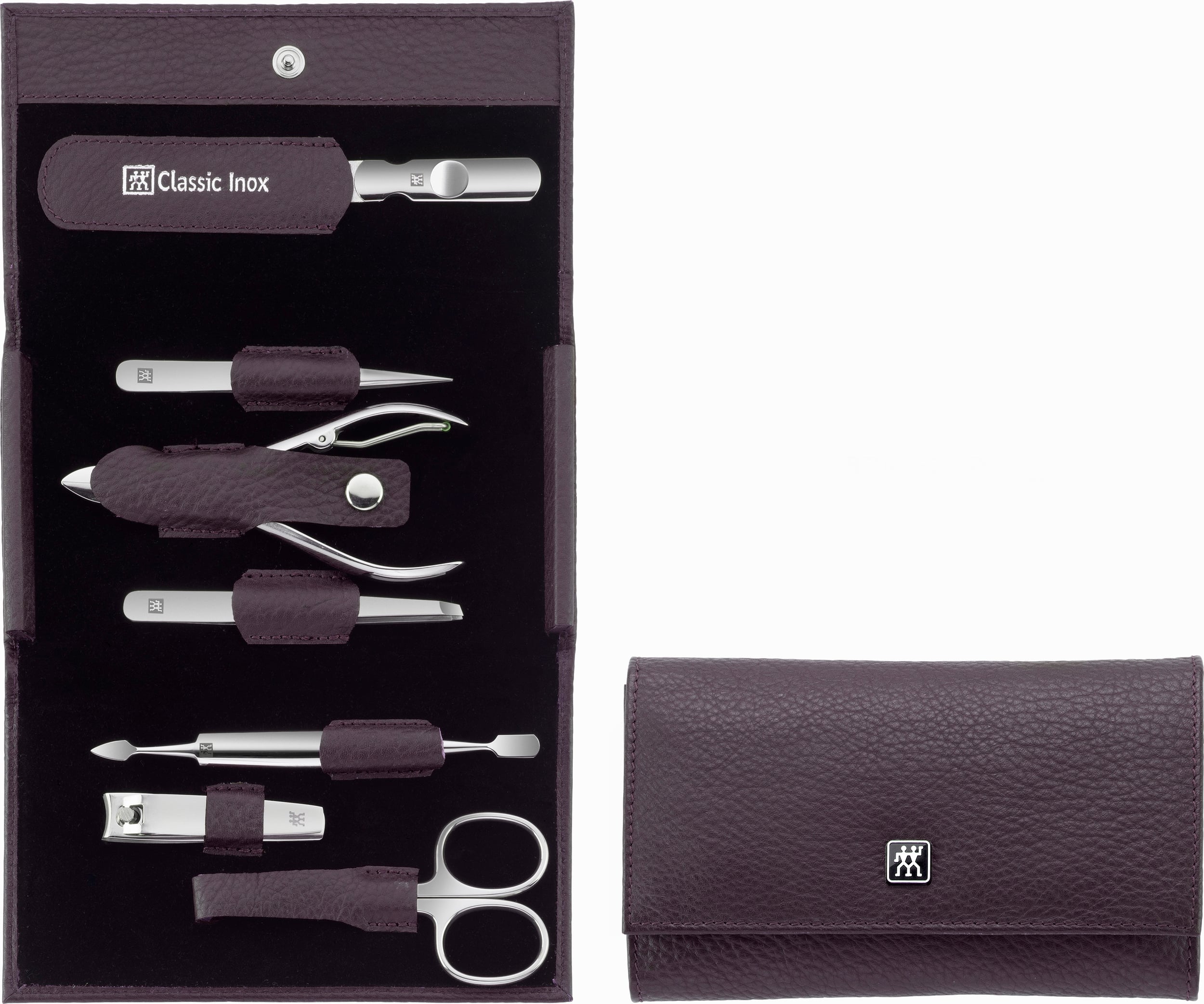 Classic Inox Maniküre-Zubehör violett im horizontalen Leder-Etui 7 El.