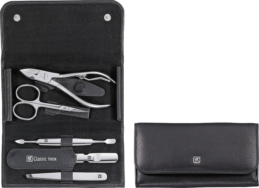 Classic Inox Set de Manucure, en inox, étui en cuir horizontal, noir, Set 5 pièces
