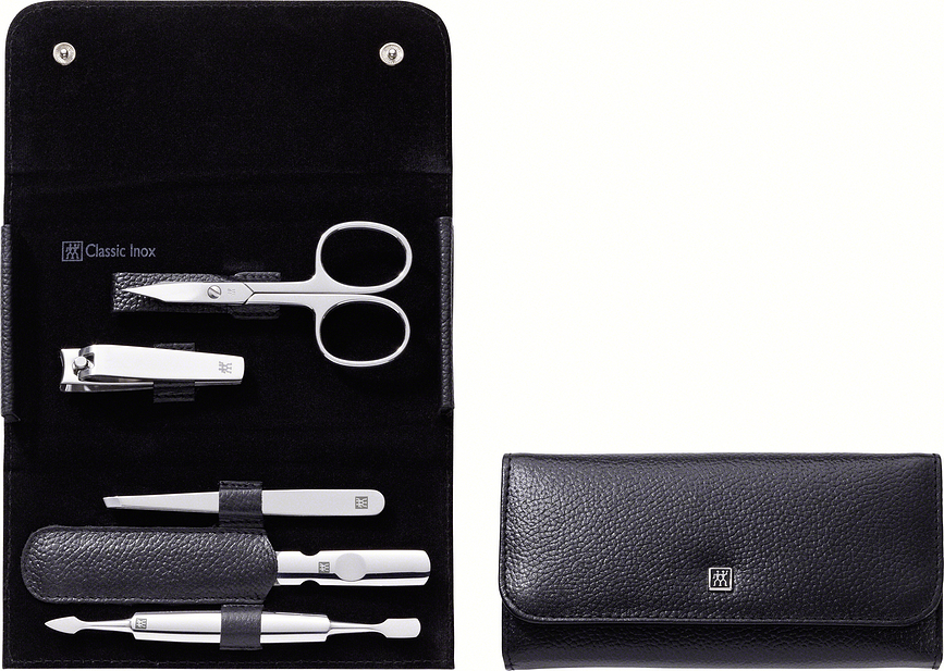 Classic Inox Set za manikuro, v usnjenem etuiju, črni, 5-delni set