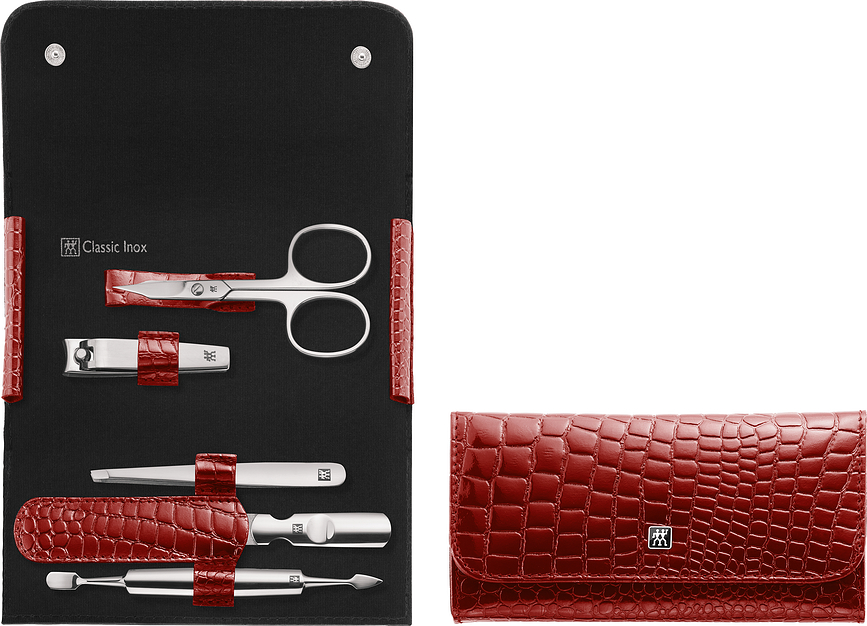 Classic Inox Trousse de Manucure, en cuir, rouge, Set 5 pièces