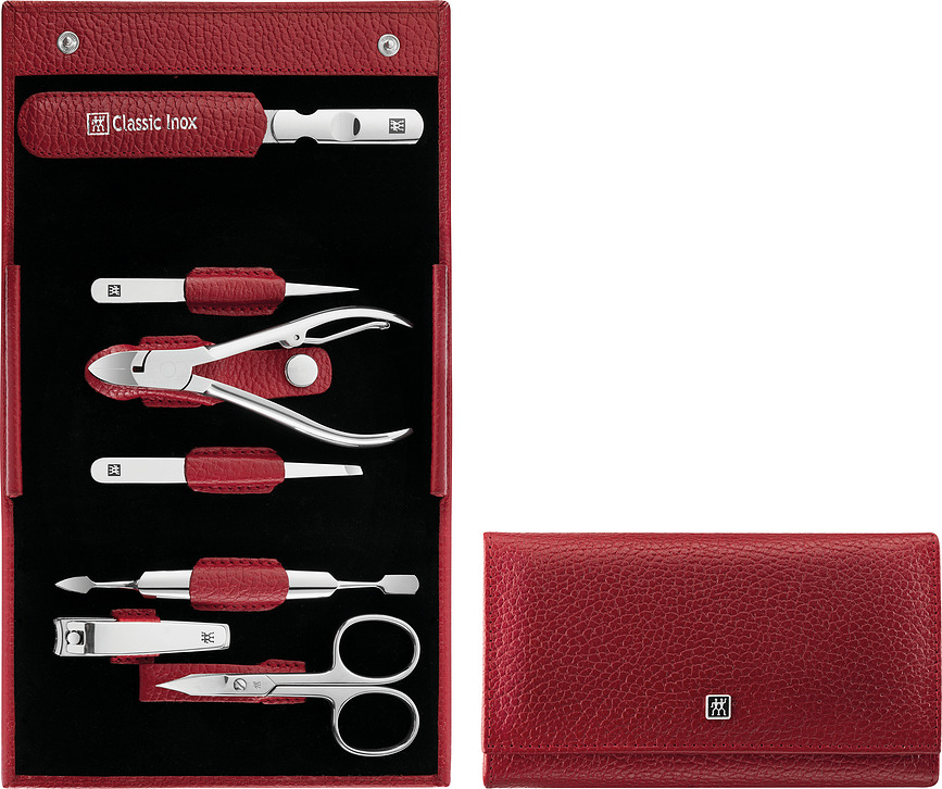 Classic Inox Trousse de Manucure horizontale, en cuir rouge, Set 7 pièces