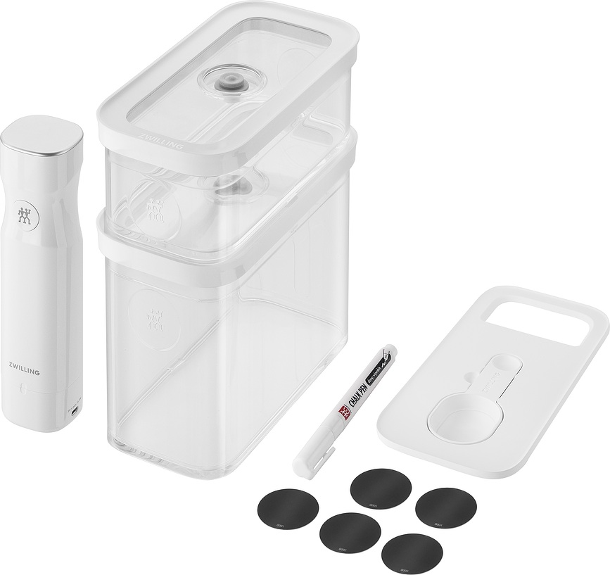 Fresh & Save Cube M Set de Boîtes sous vide avec pompe, insert, étiquettes et marqueur craie, 10 pièces