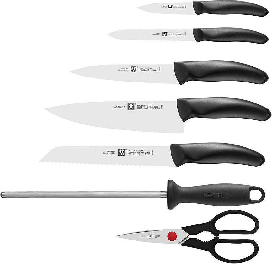 Juego de Cuchillos con Bloque Zwilling Style, 5 cuchillos, tijeras y afilador, Set de 8 piezas