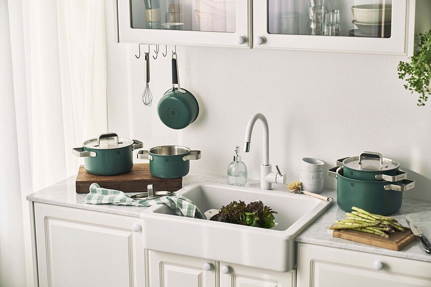 Juego de Ollas Pure, color crema, con cazo, Set de 9 piezas