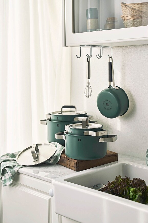 Pure Batterie de Cuisine avec casserole et 2 couvercles, crème, Set 5 pièces