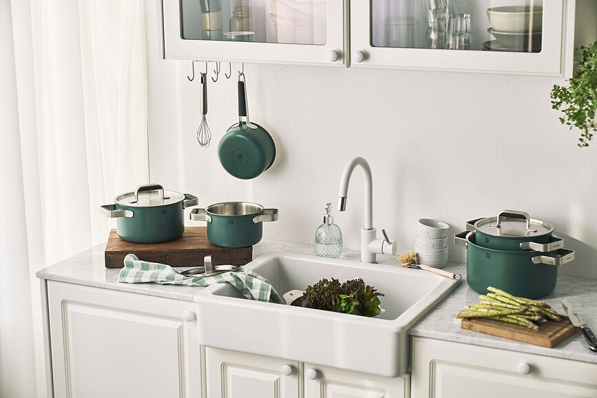 Pure Batterie de Cuisine avec casserole et 2 couvercles, crème, Set 5 pièces