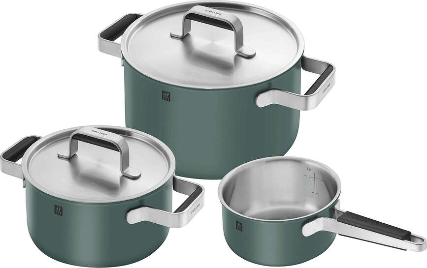 Pure Batterie De Cuisine avec casserole et 2 couvercles, verte, Set 5 pièces