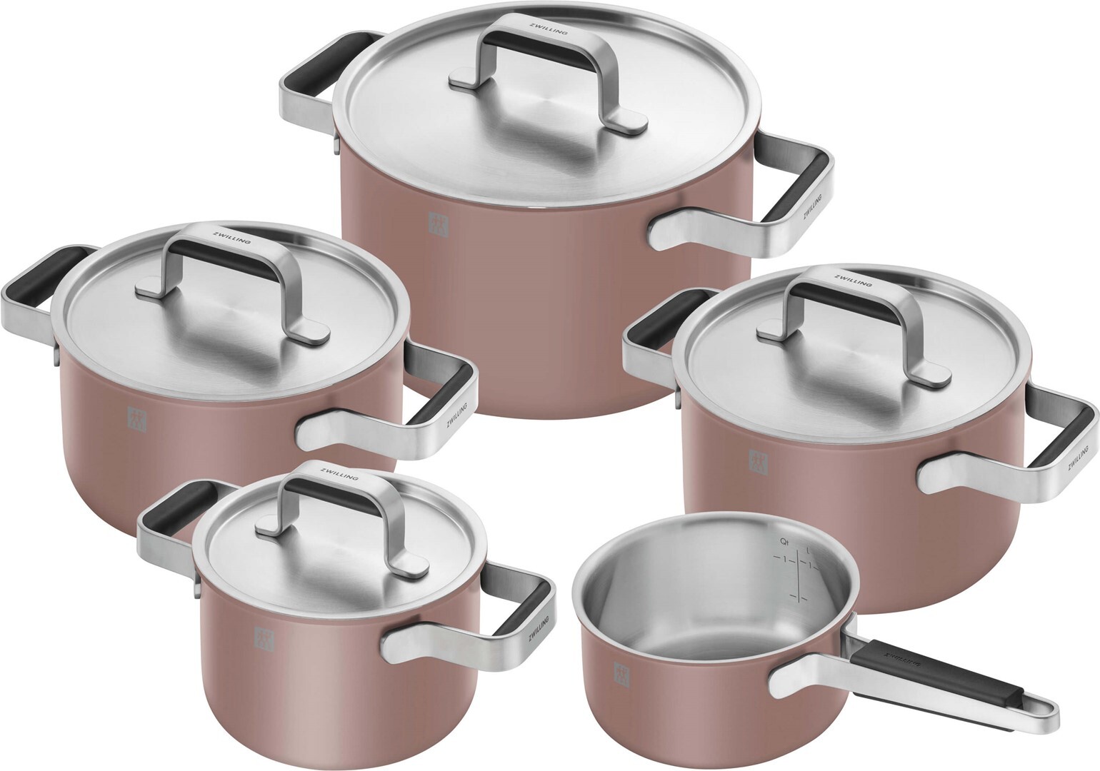 Pure Topfset mit Stieltopf und 4 Deckeln, rosa, 9-teilig