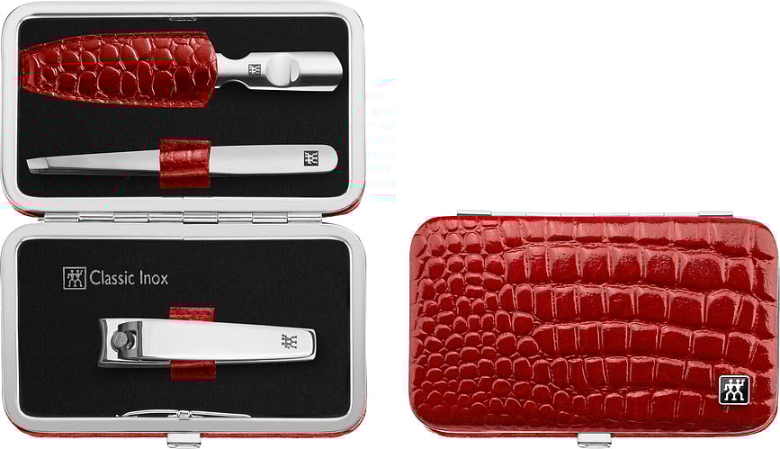 Set de Manicura de acero inoxidable Classic Inox, en estuche de piel rojo, horizontal, Set de 3 piezas