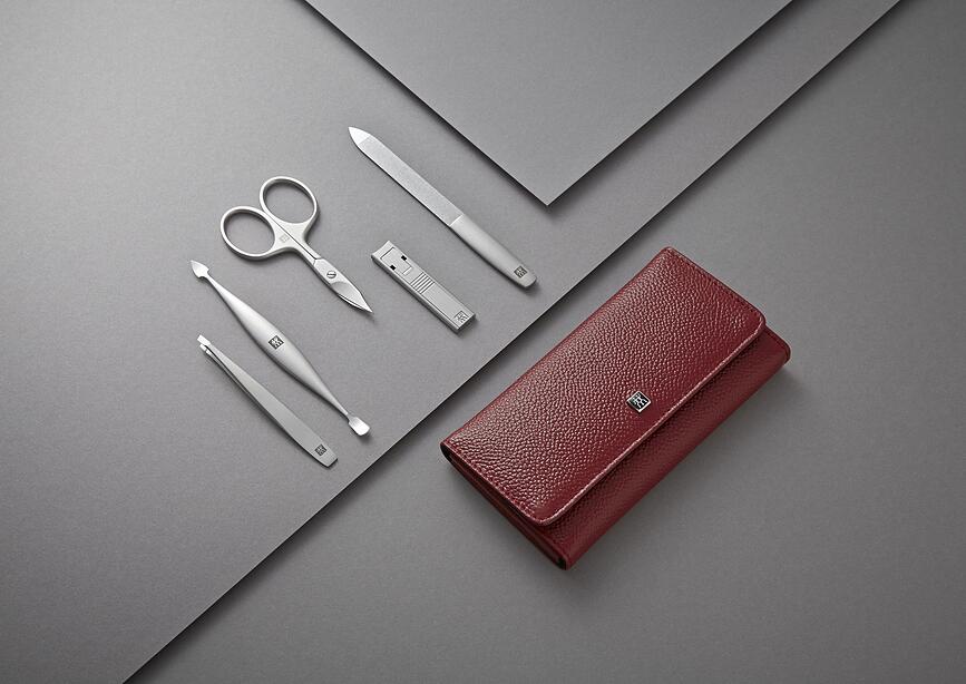 Twinox Kit de Manucure, étui horizontal en cuir, rouge, Set 5 pièces