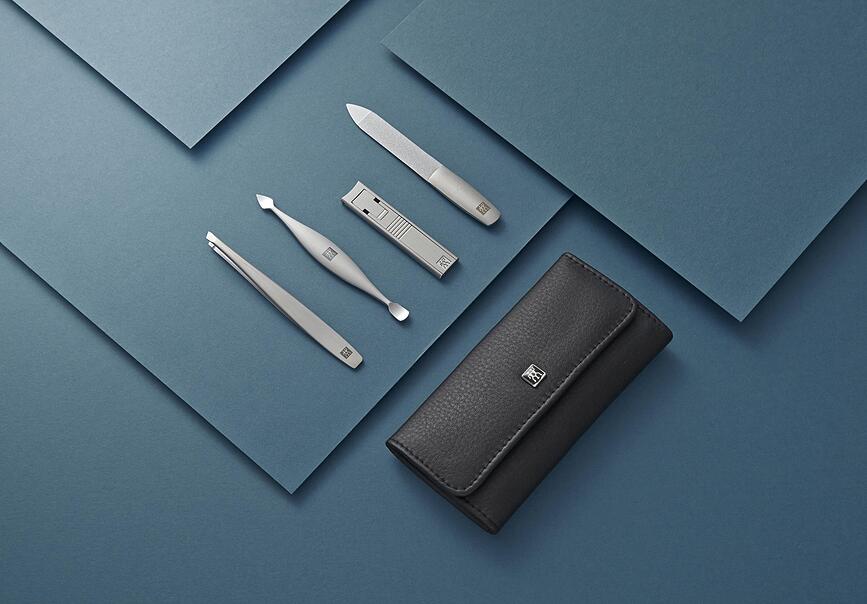 Twinox Set za manikuro, črn usnjen ležeči etui, 4-delni